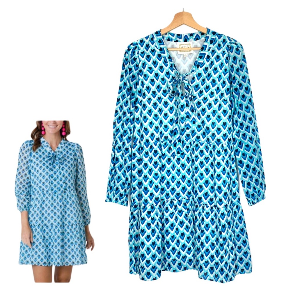 Sail to Sable Long Sleeve Tiered Dress Blue White Size Small NWOT